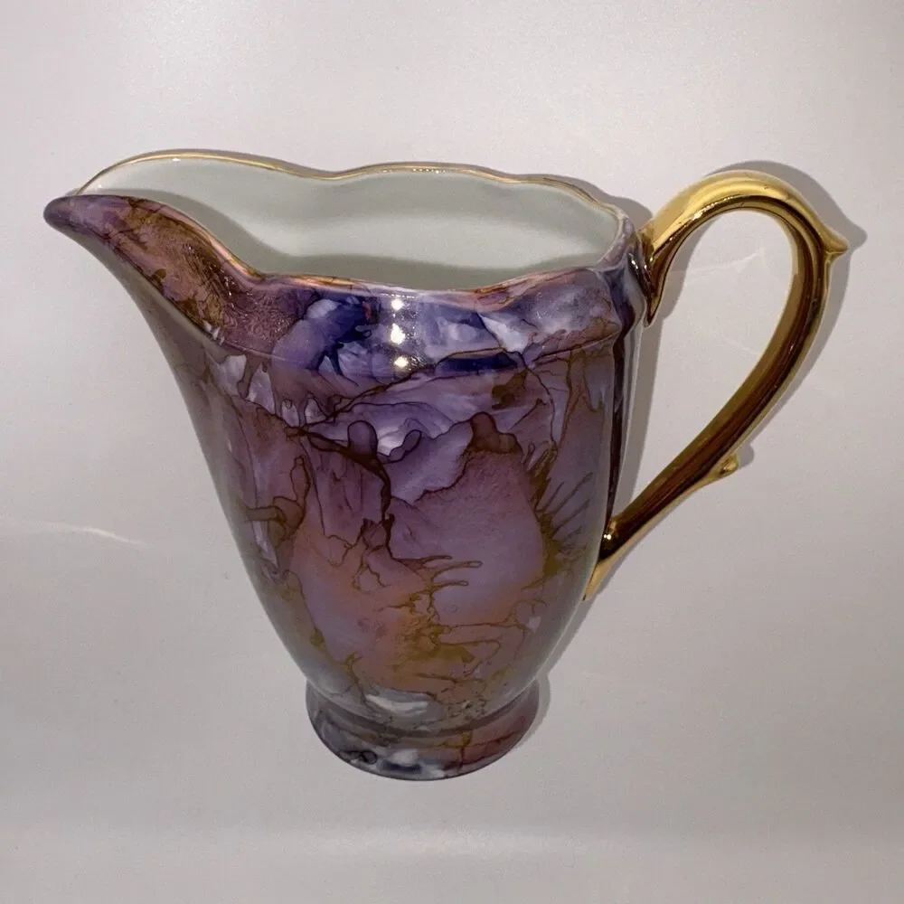 Vintage Cmielow Poland Tea Set Teapot Creamer Sugar Bowl 2 Saucers Purple Gold